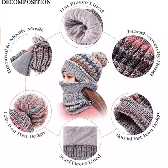 Gray Face Mask Beanie Scarf Winter Ski Mask Hat - Picture 4 of 5